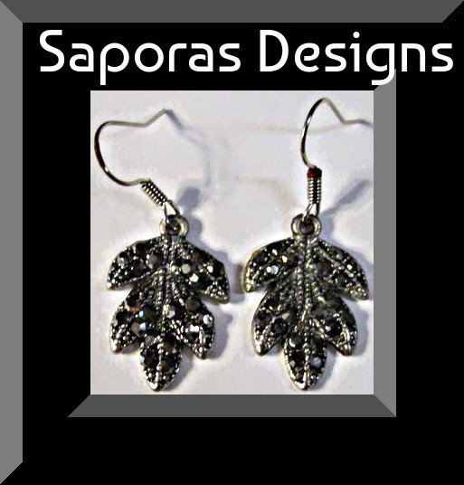 Image 0 of Tibetan Silver Dangle Leaf Design Earrings With Black Rhinestones
