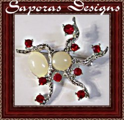 Silver Tone Star Fish Design Brooch With Red Crystals & White Beads