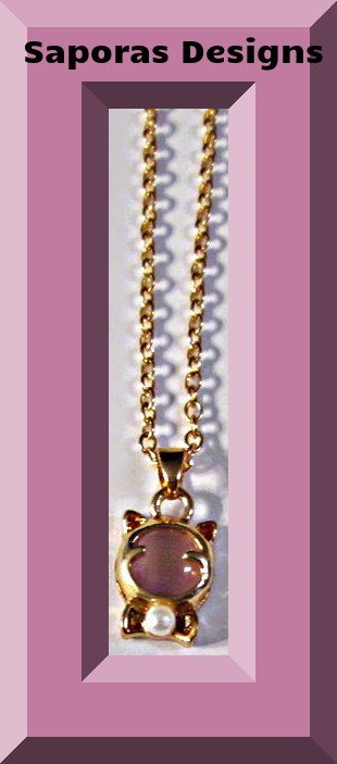 Image 0 of Gold Tone Cat / Kitten Design Necklace With White Faux Pearl & Pink Bead