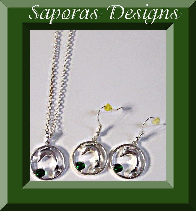 Image 0 of Silver Tone Dolphin Design Necklace & Dangle Earring Jewelry Set With Crystal