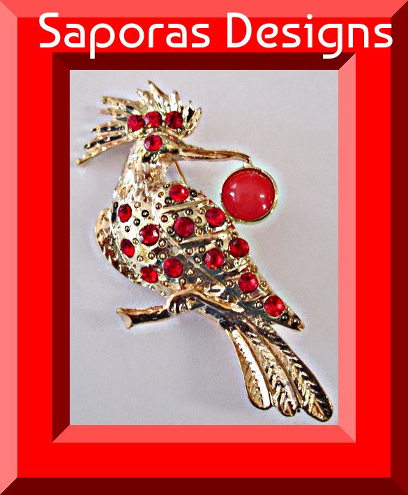 Image 0 of Gold Tone Crane Design Brooch With Red Crystals & Red Bead