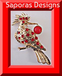 Gold Tone Crane Design Brooch With Red Crystals & Red Bead