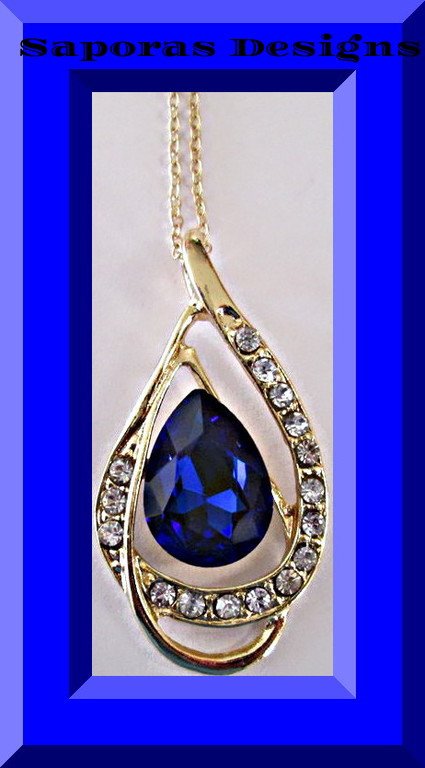 Image 0 of Gold Tone Tear Drop Design Necklace With Blue & Clear Crystals