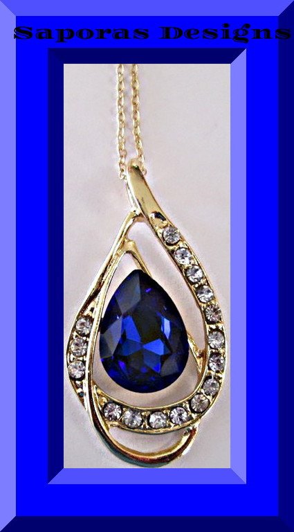 Image 0 of Gold Tone Tear Drop Design Necklace With Blue & Clear Crystals
