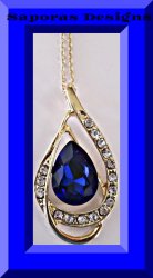 Gold Tone Tear Drop Design Necklace With Blue & Clear Crystals