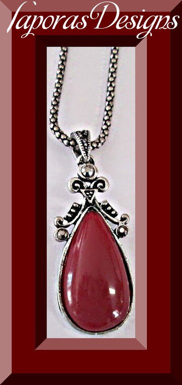 Image 0 of Vintage Silver Design Tear Drop Style Necklace With Red Bead & Black Rhinestone