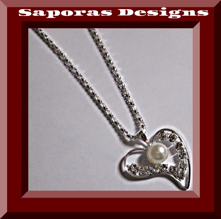 Image 0 of Silver Tone Heart Design Necklace With White Faux Pearl & Clear Crystals
