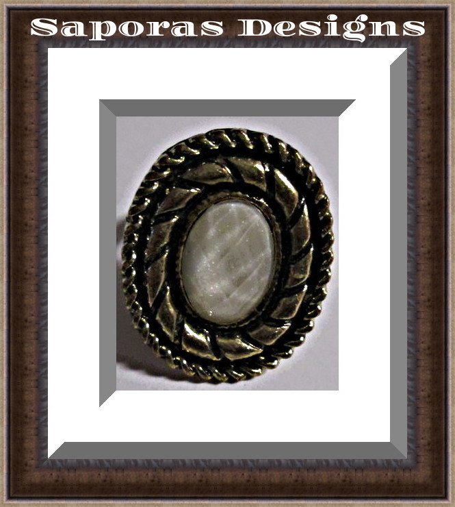 Image 0 of Antique Design Ring With White Bead Size 8 & Adjustable To Fit Most Fingers