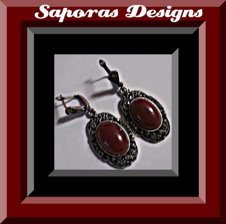 Image 0 of Tibetan Silver Vintage Dangle Earrings With Red Bead & Black Rhinestones