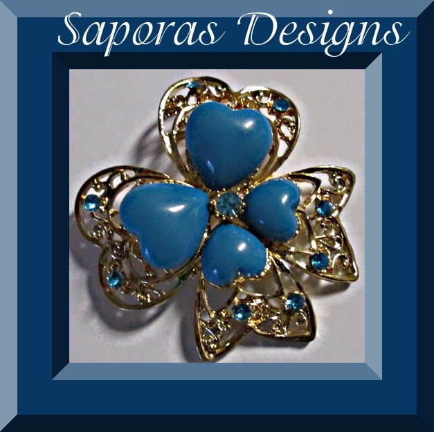 Image 0 of Gold Tone Heart / Bow Design Brooch With Blue Crystals & Blue Heart Beads