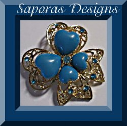 Gold Tone Heart / Bow Design Brooch With Blue Crystals & Blue Heart Beads