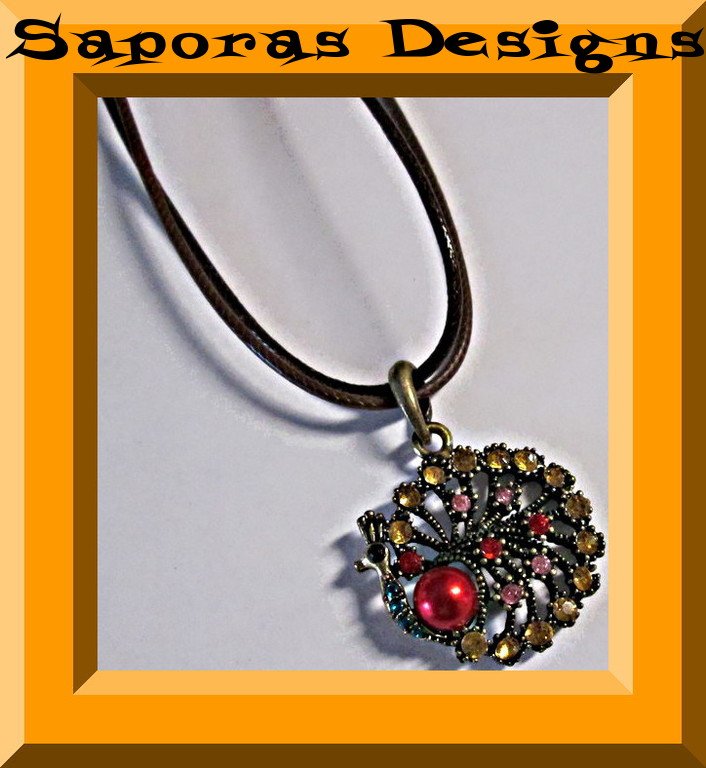 Image 0 of Antique Peacock Design Necklace With Colorful Rhinestones & Red Faux Pearl