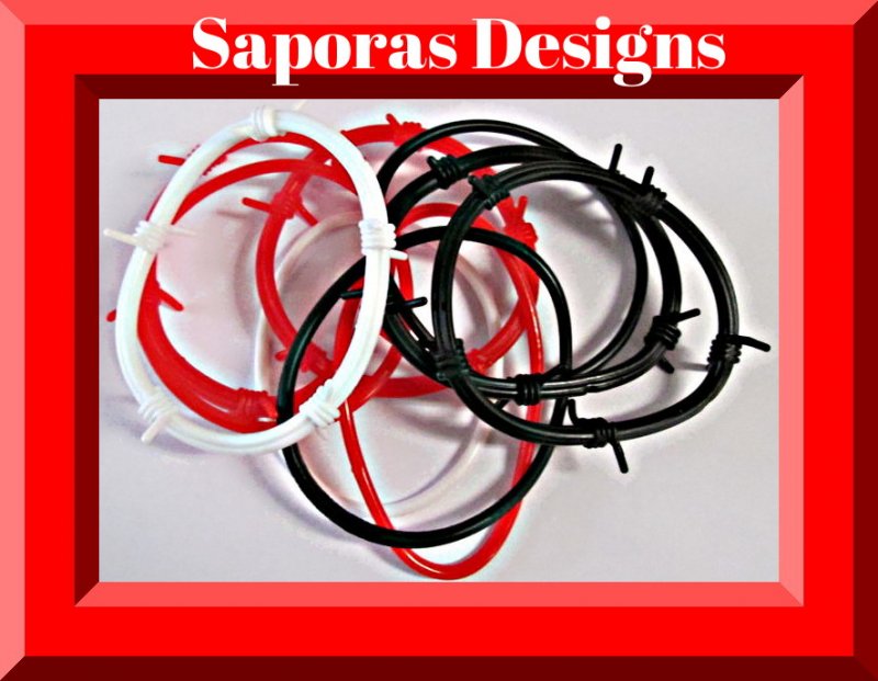 Image 0 of Set Of 10 Barbwire & Plain Design Bracelets White Red & Black In Color