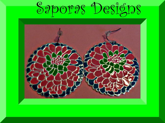 Image 0 of Flower Floral Round Circle Dangle Design Earrings Pink Green & Blue In Color