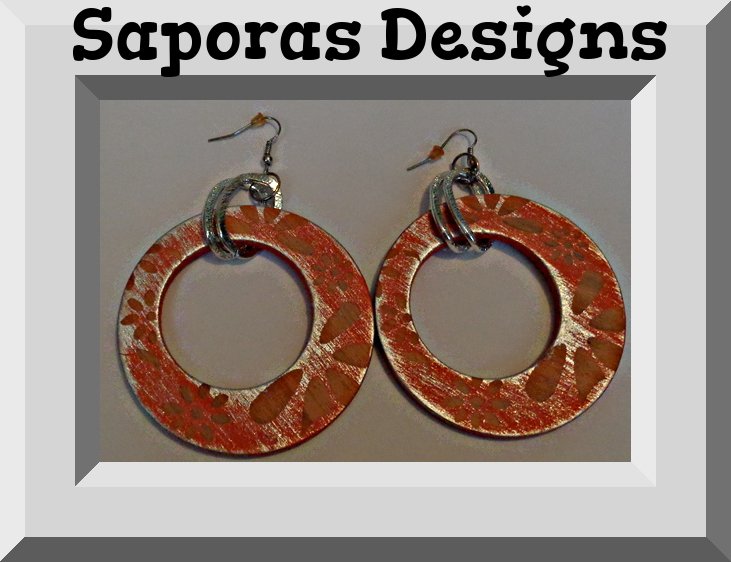 Image 0 of Large Round Circle Wood Dangle Earrings With Flower Designs Handmade