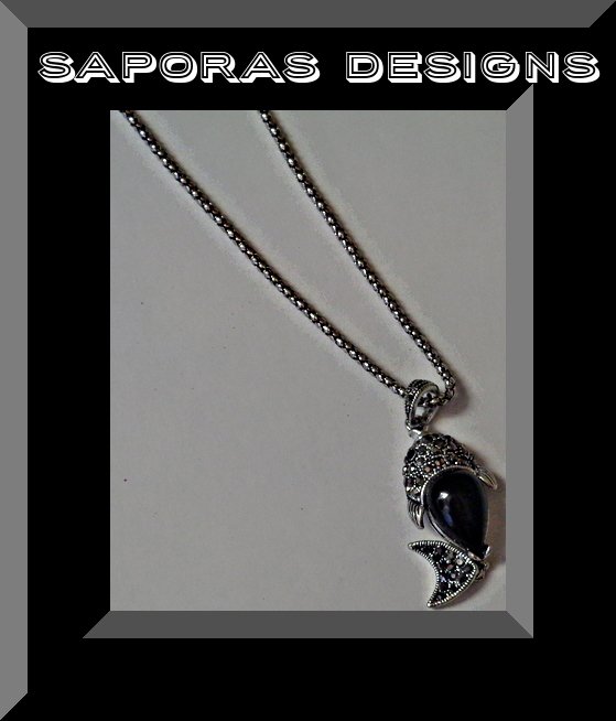 Image 0 of Tibetan Silver Vintage Cat Fish Design Necklace With Black Bead & Black Crystals
