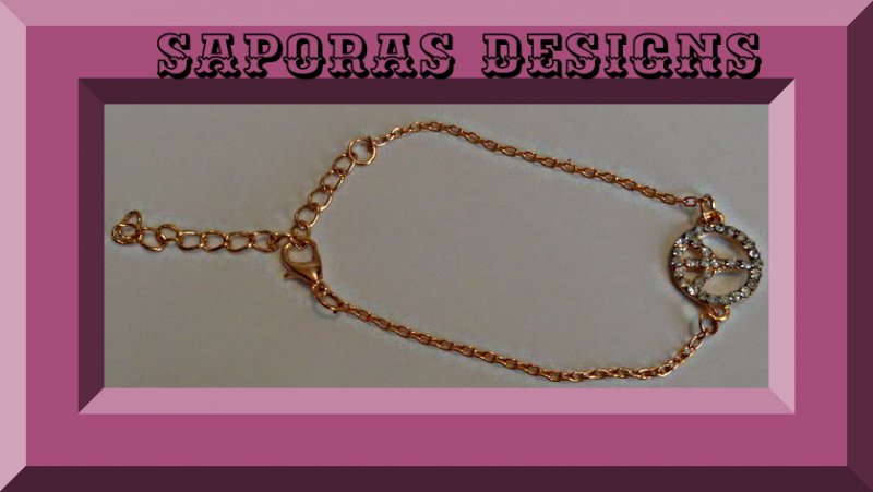 Image 0 of Gold Tone Peace Sign Anklet With Clear Crystals 