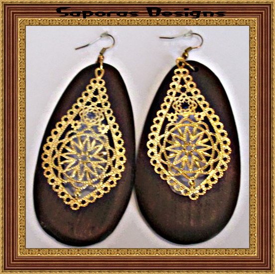 Image 0 of Handmade Antique Wood Dangle Earrings With Gold Tone Designs