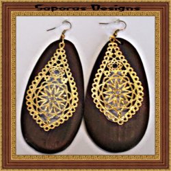 Handmade Antique Wood Dangle Earrings With Gold Tone Designs