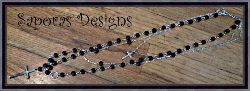 Image 0 of Silver Tone Rosary Black Bead Stranded Prayer Necklace With Cross Charms