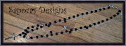 Silver Tone Rosary Black Bead Stranded Prayer Necklace With Cross Charms