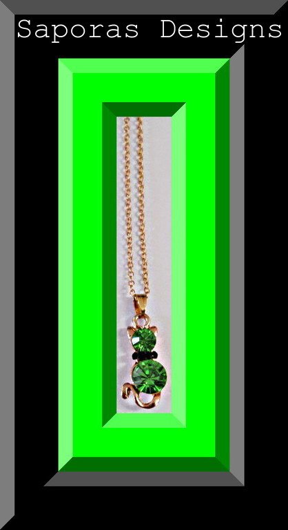 Image 0 of Gold Tone Necklace With Green & Black Crystals Cat / Kitten Design