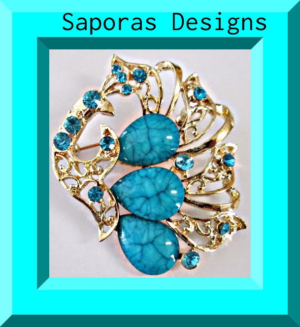 Image 0 of Gold Tone Peacock Design Brooch With Blue Crystals & Blue Beads