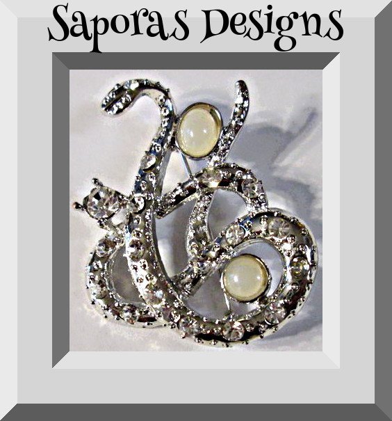 Image 0 of Silver Tone Snake Design Brooch With Clear Crystals & White Beads