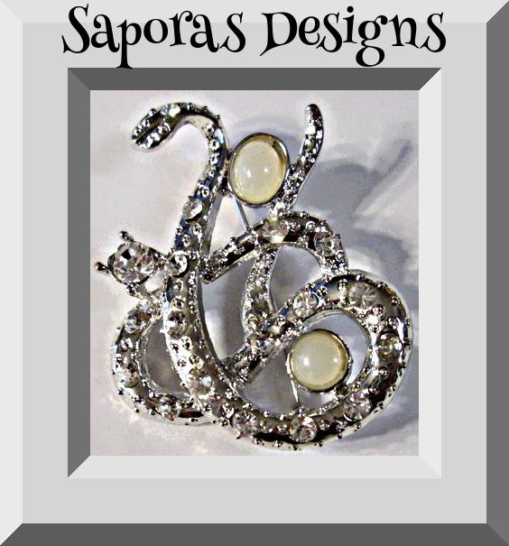 Image 0 of Silver Tone Snake Design Brooch With Clear Crystals & White Beads
