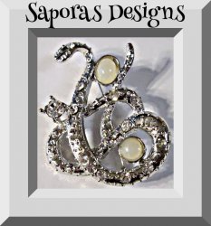 Silver Tone Snake Design Brooch With Clear Crystals & White Beads