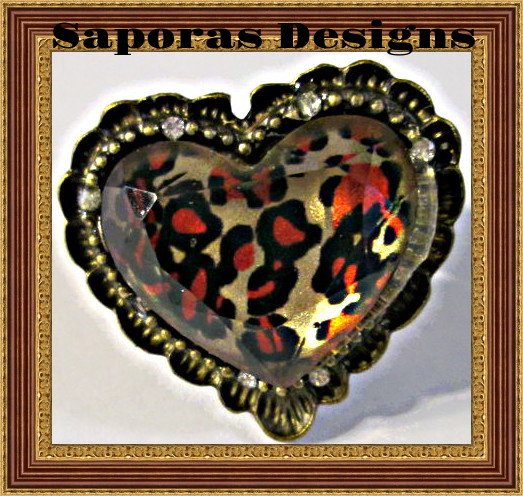 Image 0 of Antique Leopard Print / Heart Design Ring With Clear Crystals Adjustable To Fit