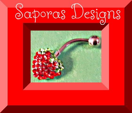 Image 0 of Silver Tone Strawberry Design Belly Button Ring With Green & Red Crystals