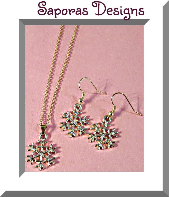 Image 0 of Silver & Gold Tone Snowflake Design Necklace & Dangle Earring Jewelry Set
