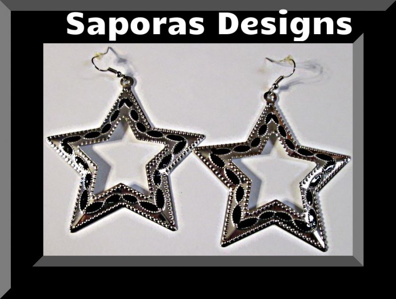 Image 0 of Silver Tone & Black Star Design Dangle Earrings