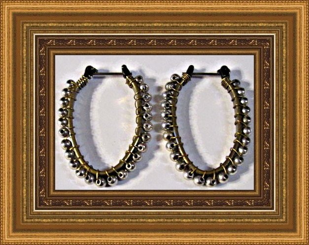 Image 0 of Antique Oval Design Drop Earrings Gold Tone With Silver Tone Beads