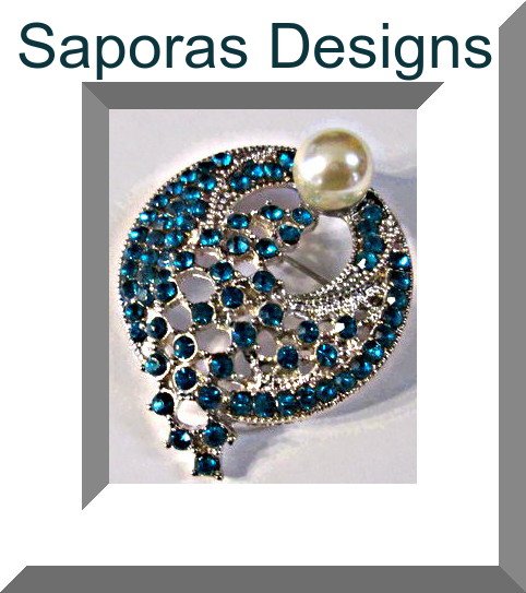 Image 0 of Silver Tone Brooch With Blue Crystals & White Faux Pearl