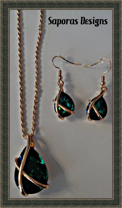 Image 0 of Gold Tone Necklace & Dangle Earring Jewelry Set With Green Crystal