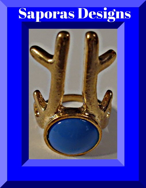 Image 0 of Size 6 Gold Tone Reindeer Design Ring With Blue Bead