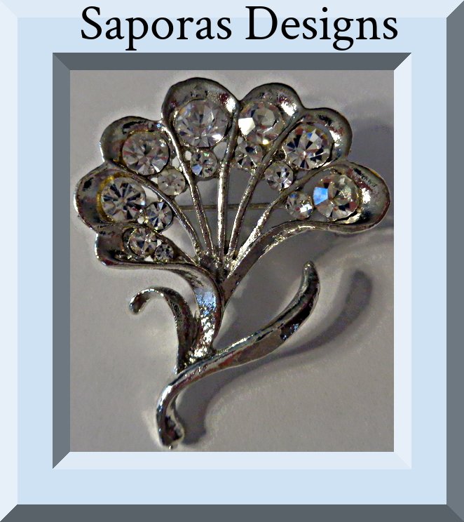 Image 0 of Silver Tone Flower Design Brooch With Clear Crystals