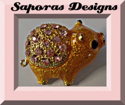 Gold Tone Pig Design Brooch With Pink Crystals