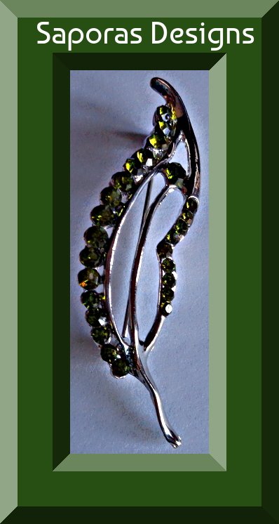 Image 0 of Silver Tone Leaf Design Brooch With Green Crystals