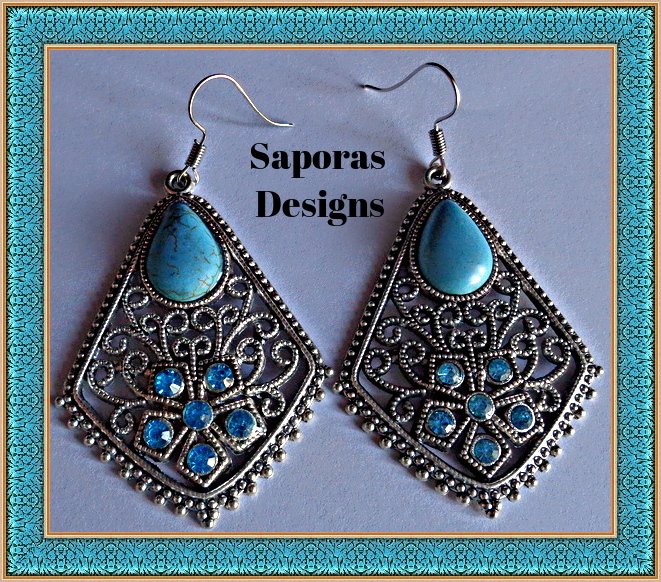 Image 0 of Tibetan Silver & Turquoise Dangle Earrings With Blue Flower Crystal Designs