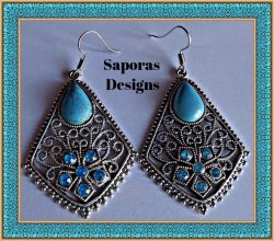 Tibetan Silver & Turquoise Dangle Earrings With Blue Flower Crystal Designs