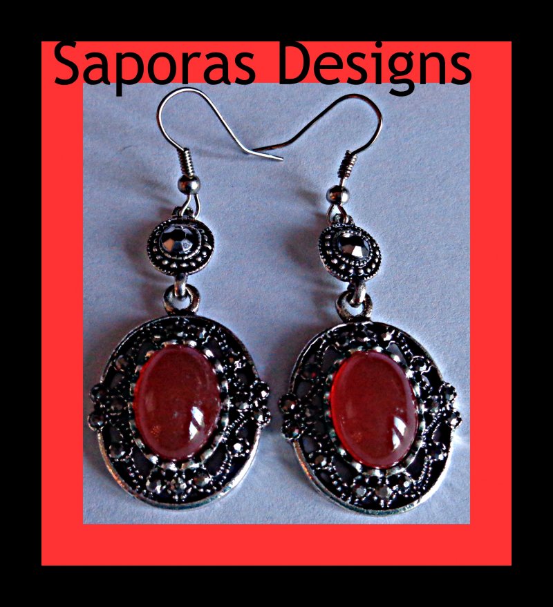 Image 0 of Tibetan Silver Dangle Vintage Earrings With Orange Bead & Black Rhinestones