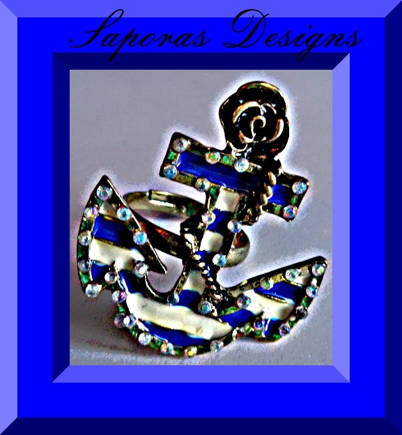 Image 0 of Antique Anchor Design Ring With Clear Rhinestones Size 7 & Adjustable