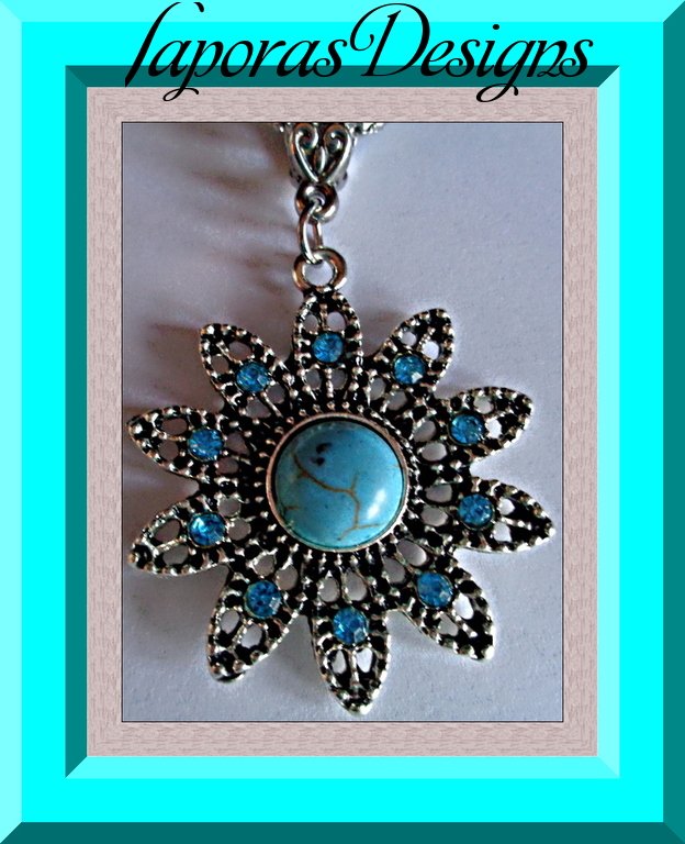 Image 0 of Tibetan Silver & Turquoise Feather Design Necklace With Blue Crystals Native 