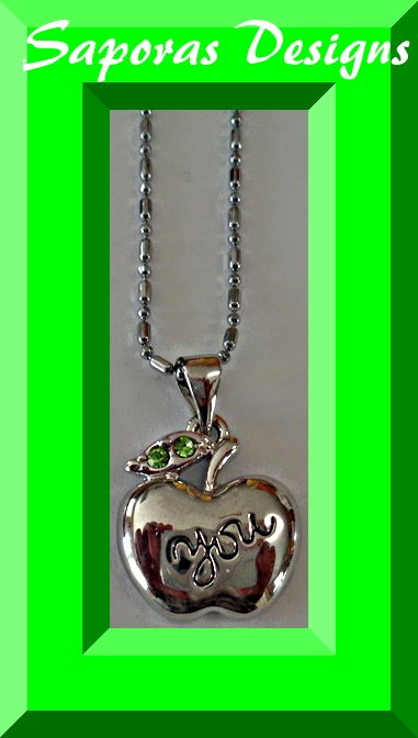 Image 0 of 18KRP Apple Necklace With Green Crystals With The Word 
