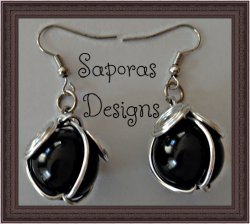 Silver Tone Handmade Dangle Earrings With Black Bead