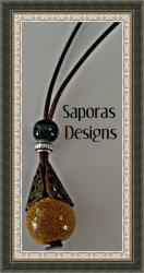 Handmade Necklace With Green & Brown Bead & Brown Leather Chain