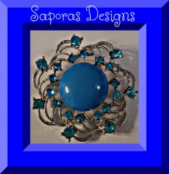 Silver Tone Brooch With Blue Crystals & Blue Bead